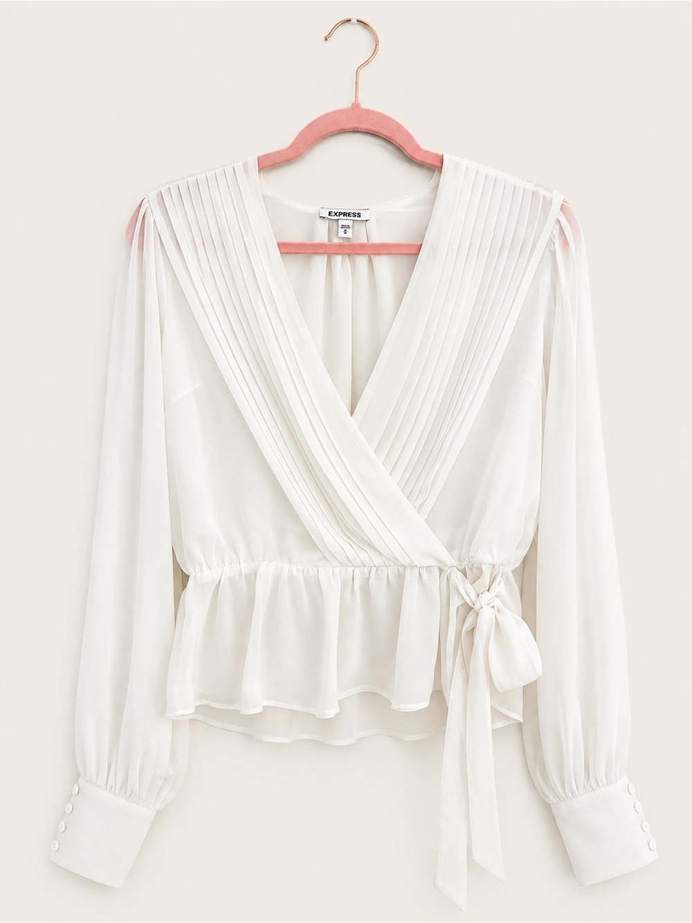 Express Womens M White Pleated Surplice Wrap Peplum Blouse Long Sleeve Tie